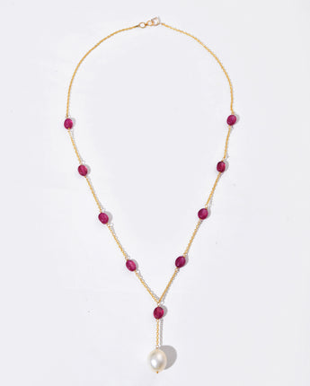 14K Solid Gold Natural Ruby & Pearl Lariat Necklace by Ratnavaali – view 1