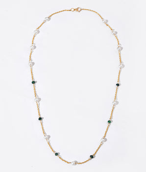 14K Gold Natural Emerald & Pearl Station Necklace by Ratnavaali – view 1